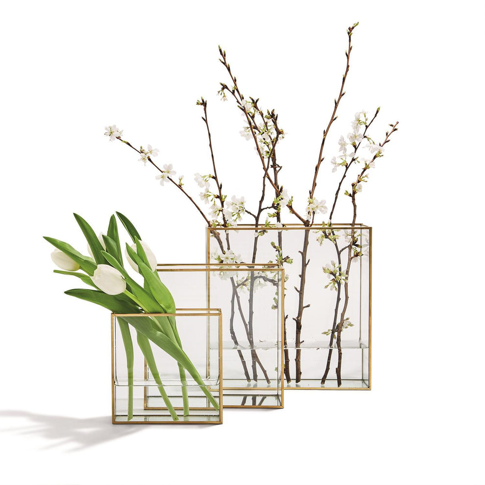 Windows Square Vase W/Gold Metal Trim In 3 Sizes Set Of 9 By Tozai Home | Vases | Modishstore - 1