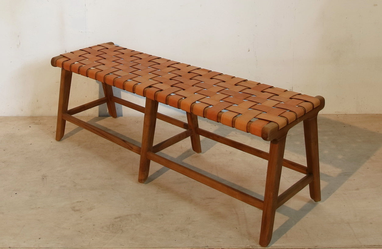 Leather Woven Bench  - Marlboro Leather & Teak Bench 4.4 feet-Multipurpose Entryway, Dining Room, End of the Bed | Benches | Modishstore-3