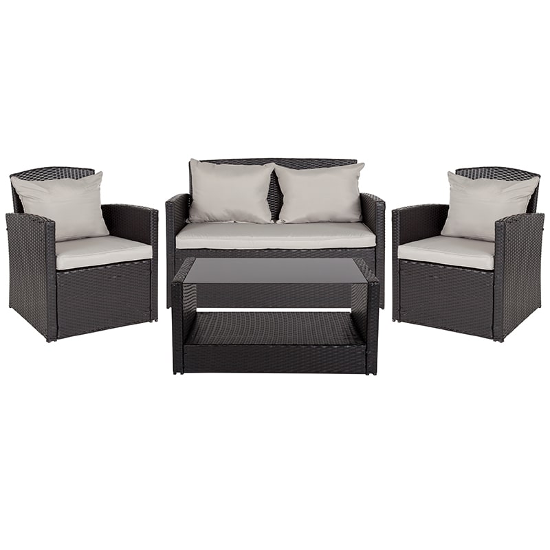 Aransas Series 4 Piece Black Patio Set with Gray Back Pillows and Seat Cushions by Flash Furniture | Outdoor Sofas, Loveseats & Sectionals | Modishstore - 2