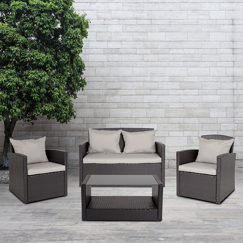 Aransas Series 4 Piece Black Patio Set with Gray Back Pillows and Seat Cushions by Flash Furniture | Outdoor Sofas, Loveseats & Sectionals | Modishstore - 1