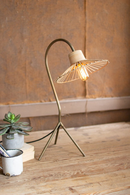 Kalalou Antique Brass Finish Table Lamp With Rattan Umbrella Shade | Modishstore | Table Lamps | NEP1000  