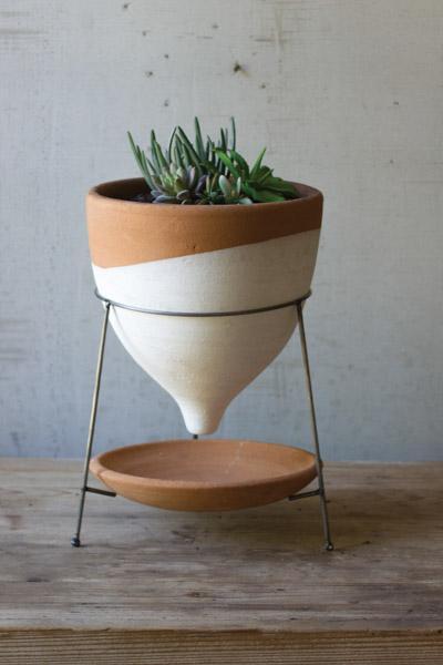 Kalalou Natural And White Terracotta Funnel Planter With Wire Base | Modishstore | Planters, Troughs & Cachepots