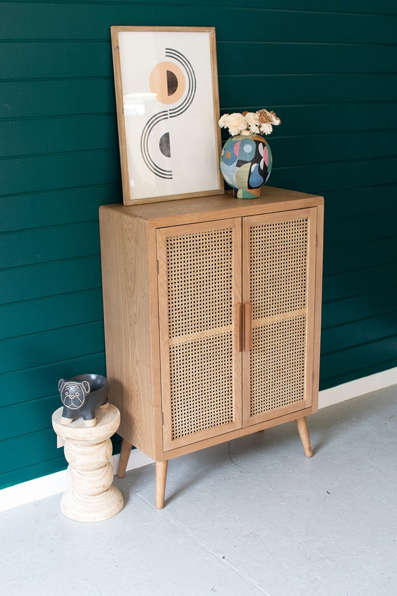 Kalalou Tall Wood Cabinet With Two Woven Cane Doors | Modishstore | Cabinets