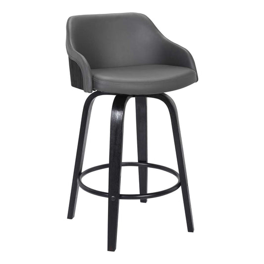 Alec 26" Counter Height Swivel Grey Faux Leather and Black Wood Bar Stool By Armen Living | Bar Stools | Modishstore