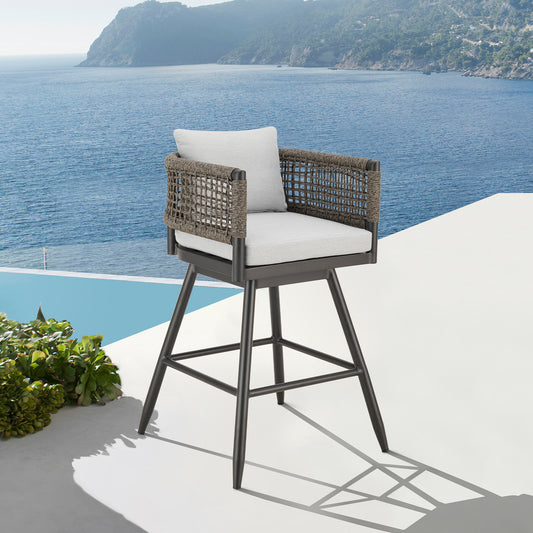 Alegria Outdoor Patio Swivel Bar Stool in Aluminum with Gray Rope and Light Gray Cushions By Armen Living | Bar Stools | Modishstore