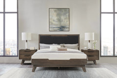 Astoria Queen Platform Bed Frame in Oak with Black Faux Leather  By Armen Living