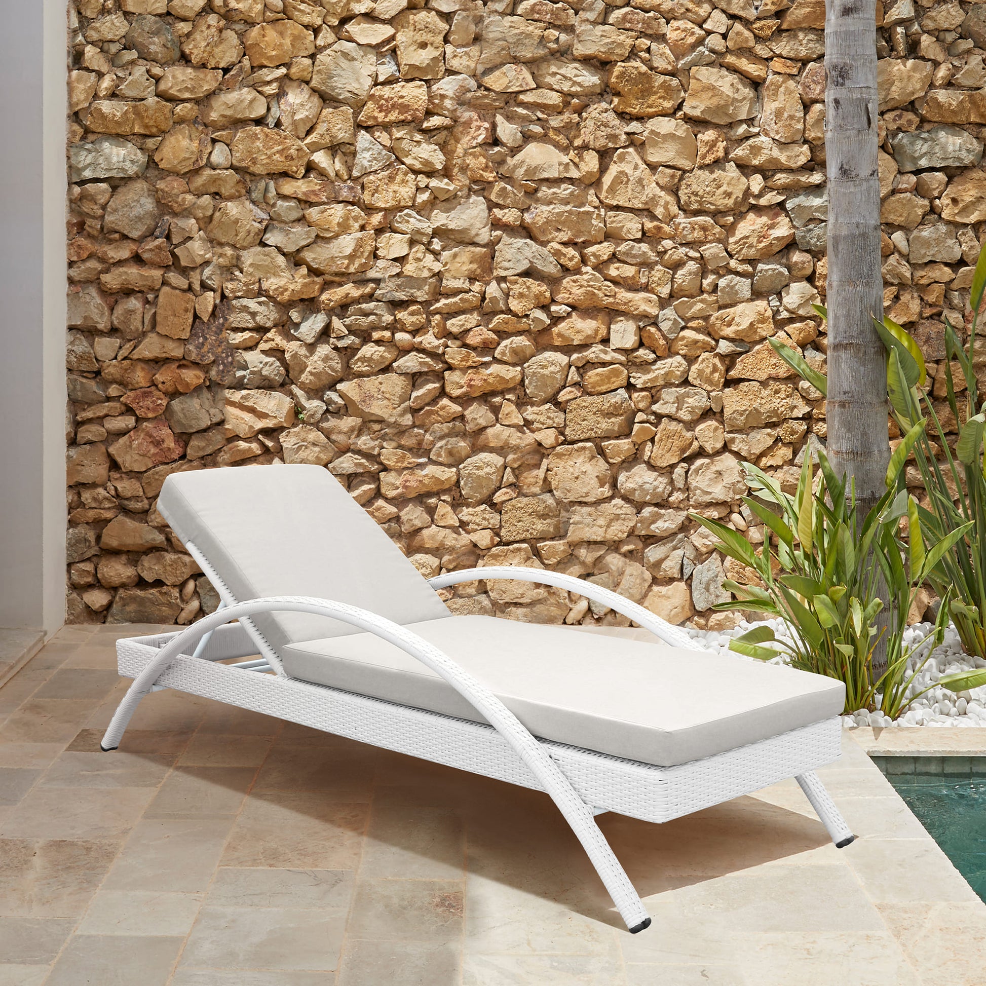 Aloha Adjustable Patio Outdoor Chaise Lounge Chair in White Wicker and Grey Cushions By Armen Living | Outdoor Chaise Lounges | Modishstore