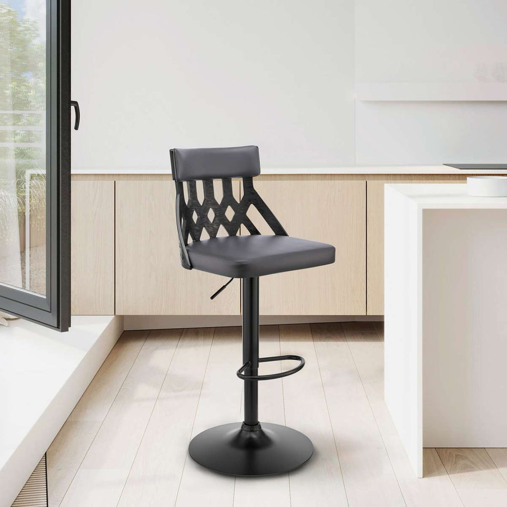 Angelo Adjustable Swivel Grey Faux Leather & Black Wood Bar Stool with Black Base By Armen Living | Bar Stools |  Modishstore  - 7