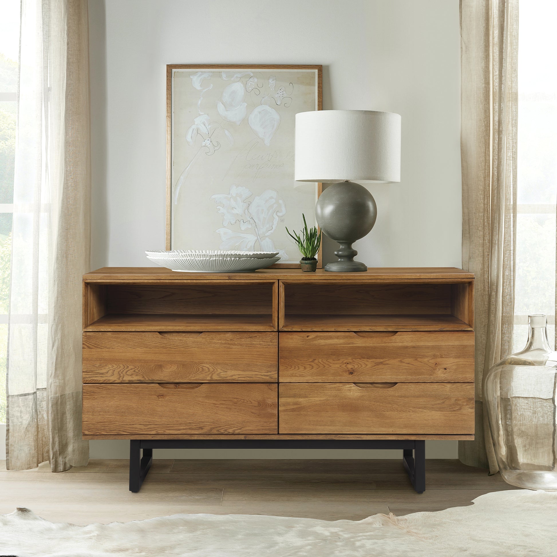 Aldo 4 Drawer Dresser in Brown Oak Wood with Black Metal Legs - Armen Living LCAODRROAK Aldo 4 Drawer Dresser in Brown Oak Wood with Black Metal Legs - Armen Living LCAODRROAK