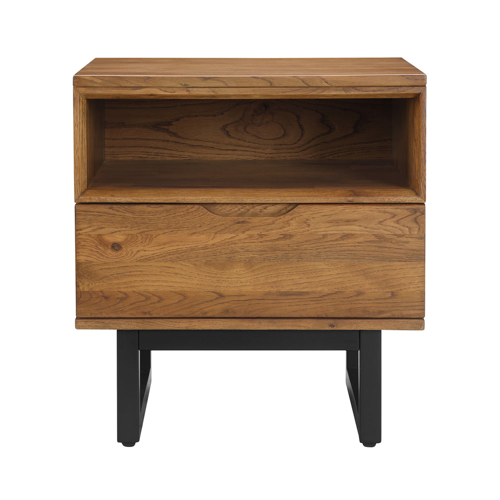 Aldo 1 Drawer Nightstand in Brown Oak Wood with Black Metal Legs By Armen Living | Nightstands | Modishstore - 2