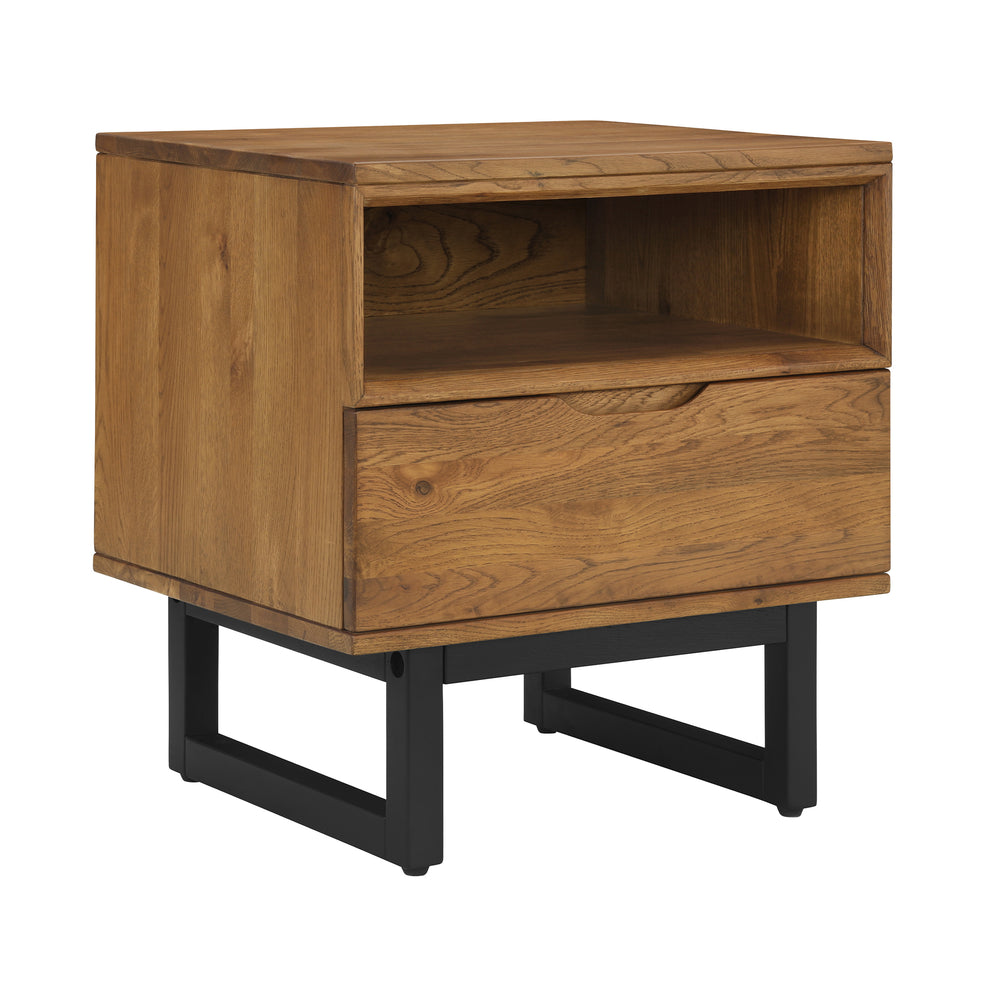 Aldo 1 Drawer Nightstand in Brown Oak Wood with Black Metal Legs By Armen Living | Nightstands | Modishstore - 4