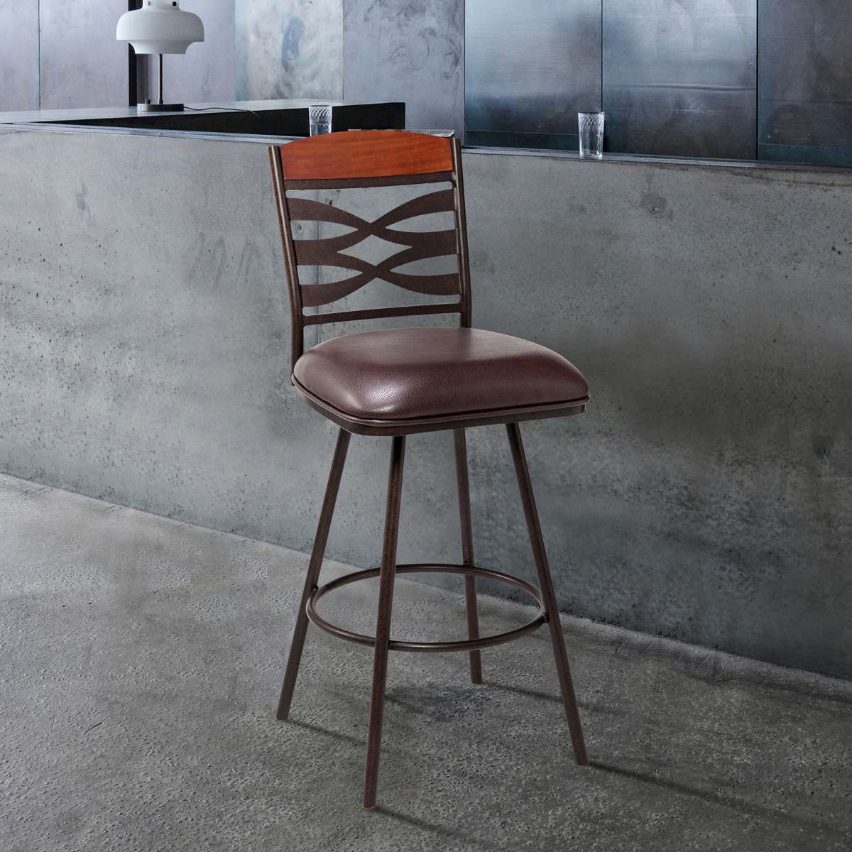 Arden Contemporary 30" Bar Height Barstool in Auburn Bay Finish with Brown Faux Leather and Sedona Wood Finish Back By Armen Living | Bar Stools |  Modishstore 