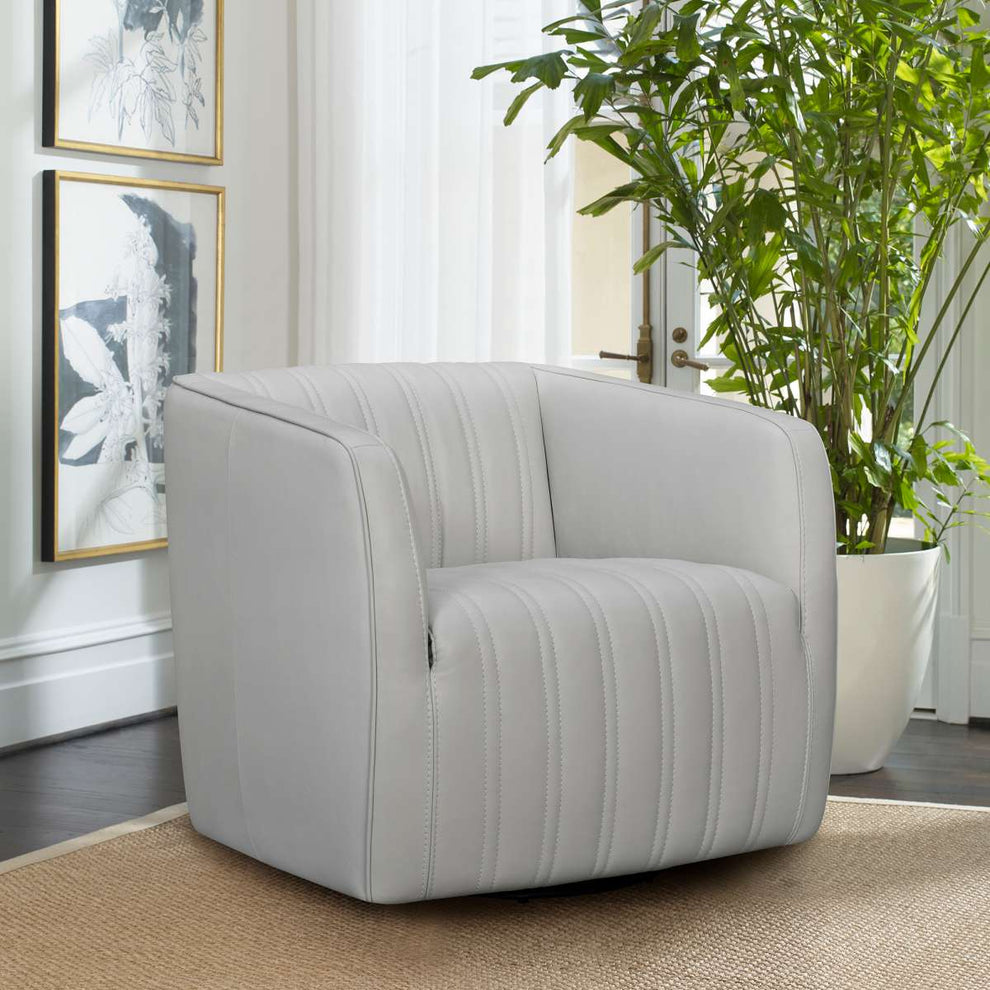 Aries Dove Gray Genuine Leather Swivel Barrel Chair By Armen Living | Accent Chairs |  Modishstore 