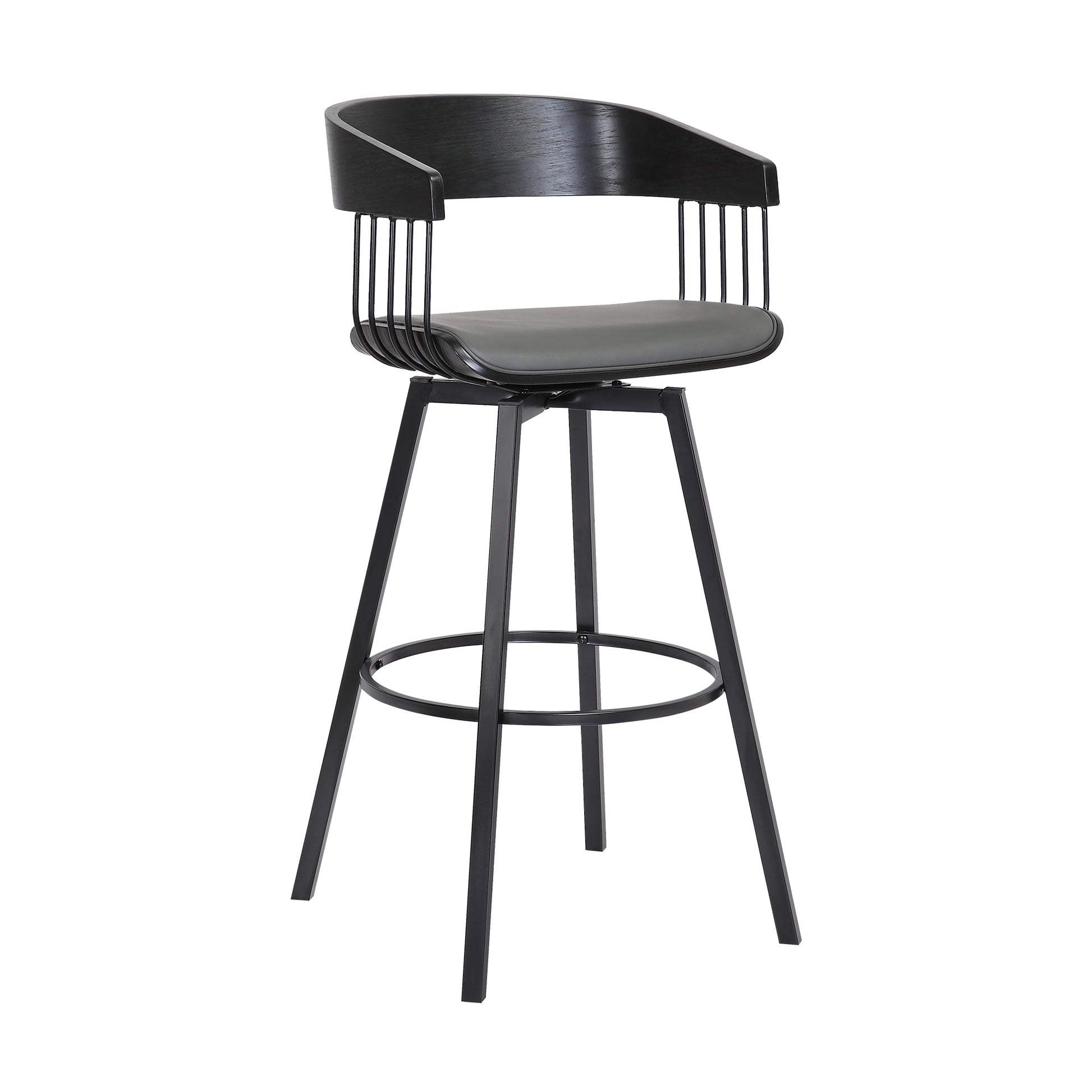 Athena 27" Swivel Black Wood Counter Stool in Grey Faux Leather with Black Metal By Armen Living | Counter Stools | Modishstore - 2