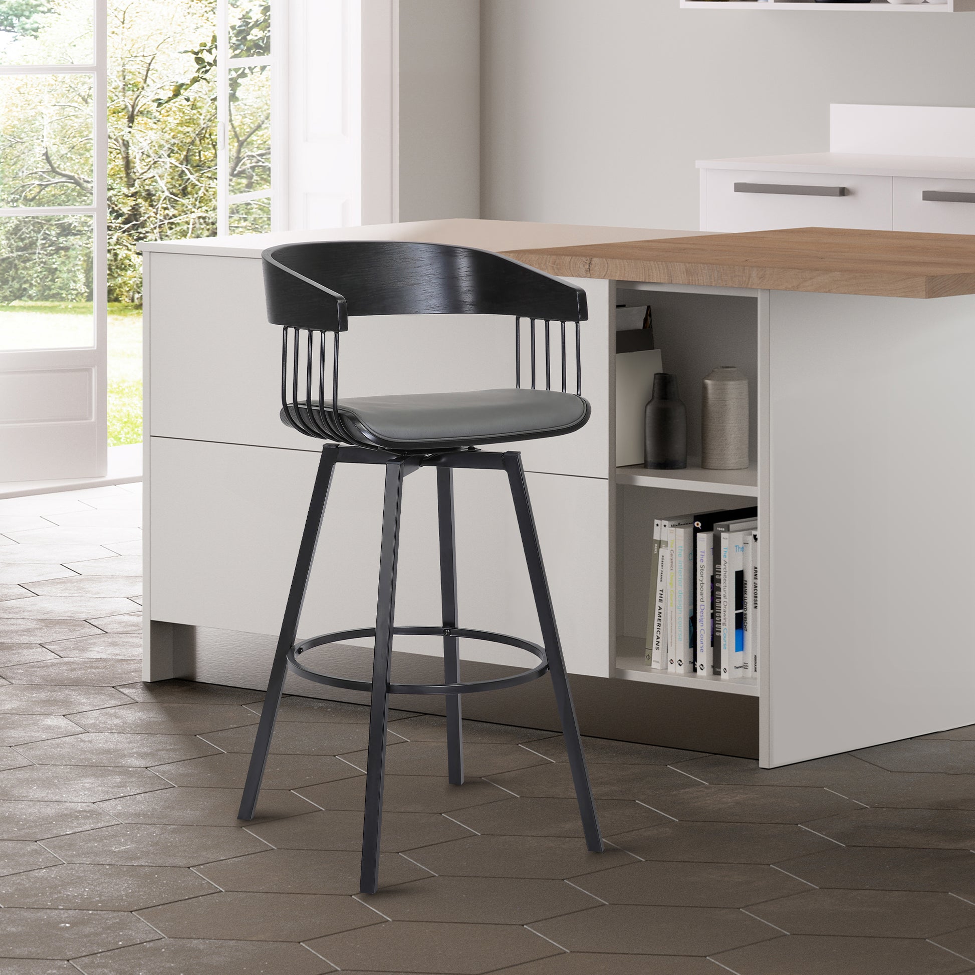 Athena 27" Swivel Black Wood Counter Stool in Grey Faux Leather with Black Metal By Armen Living | Counter Stools | Modishstore
