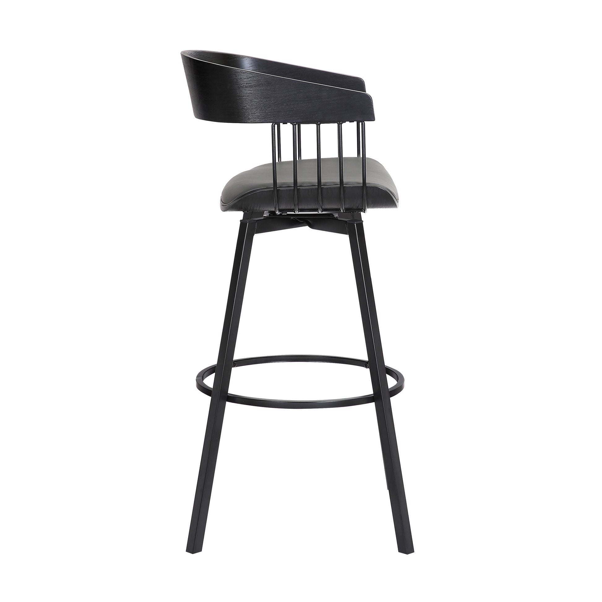 Athena 31" Swivel Black Wood Bar Stool in Grey Faux Leather with Black Metal By Armen Living | Bar Stools | Modishstore - 4