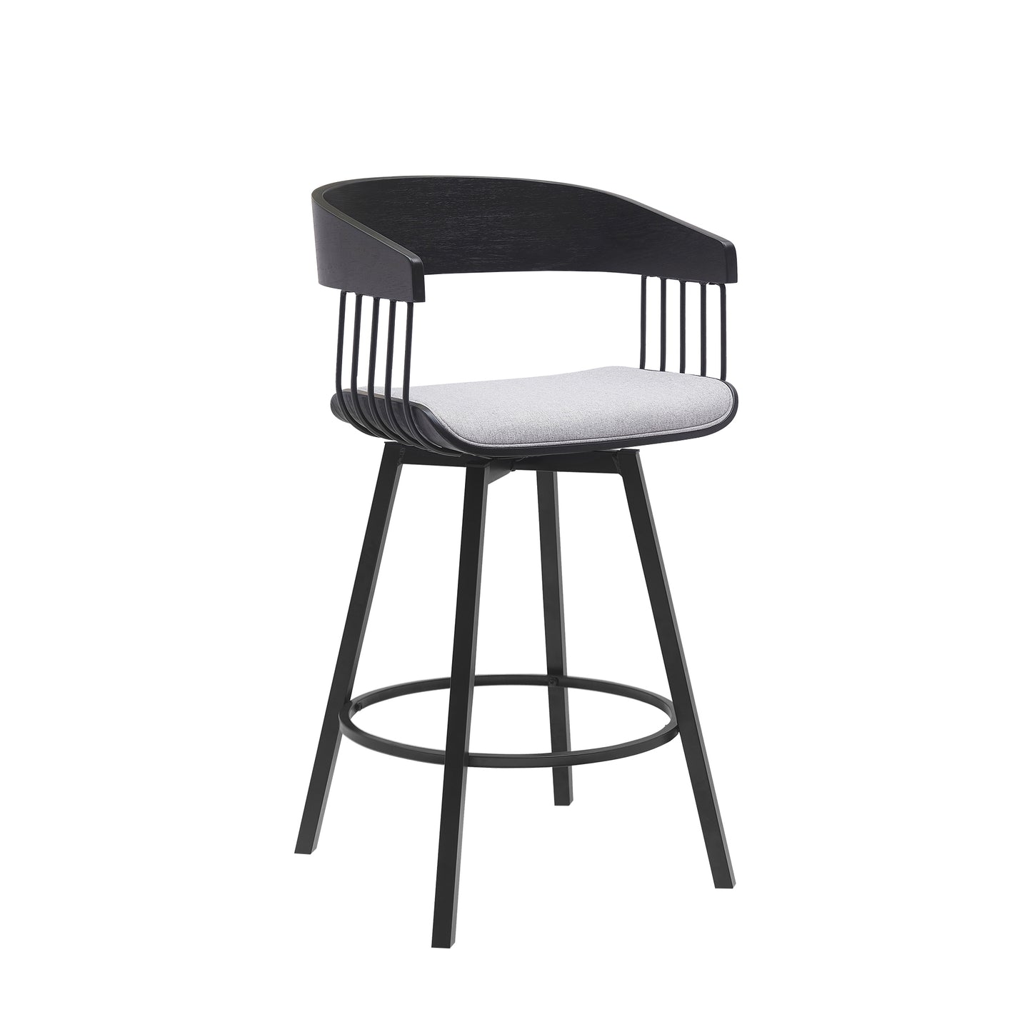 Athena 27" Swivel Black Wood Counter Stool in Light Gray Fabric with Black Metal By Armen Living | Bar Stools | Modishstore - 2