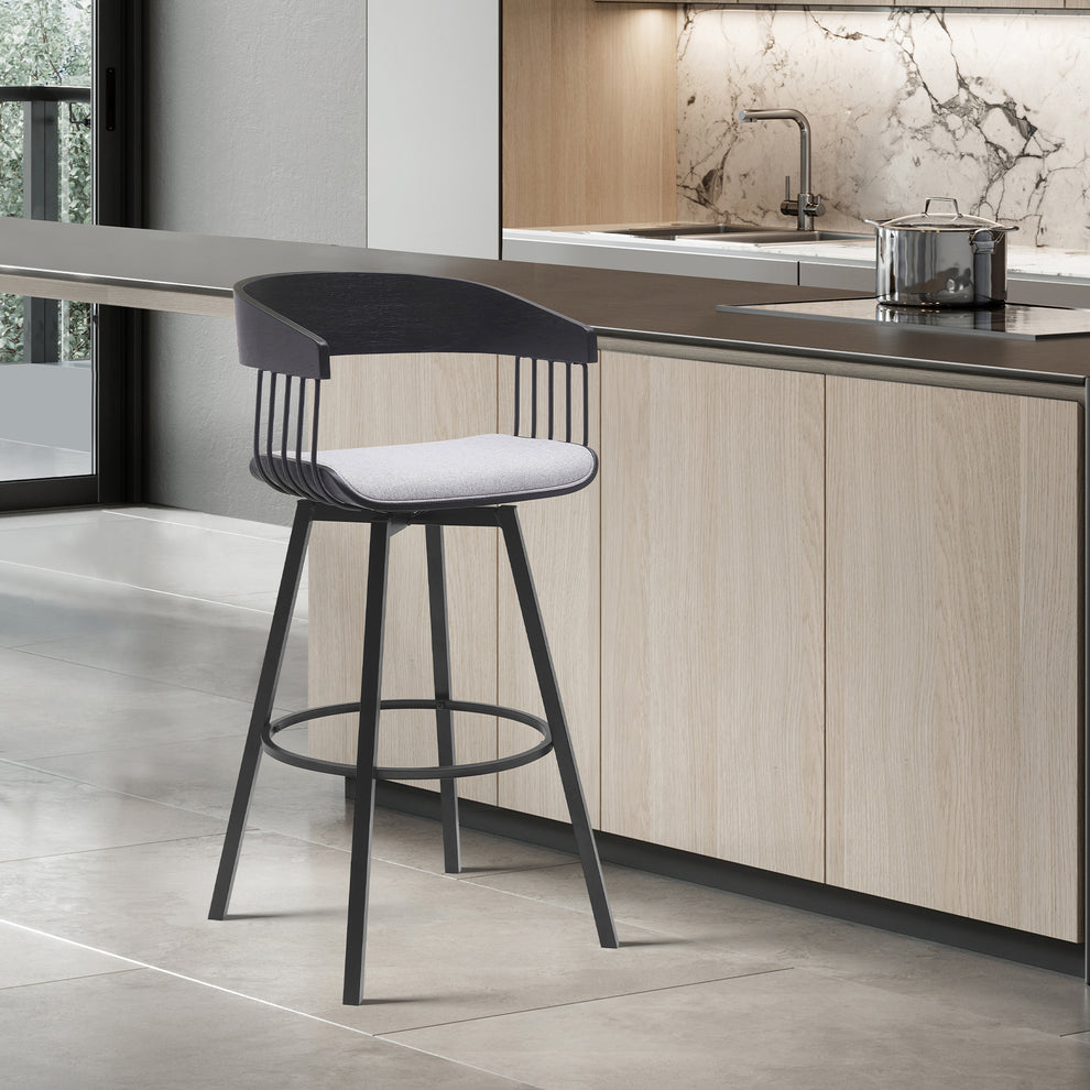Athena 27" Swivel Black Wood Counter Stool in Light Gray Fabric with Black Metal By Armen Living | Bar Stools | Modishstore