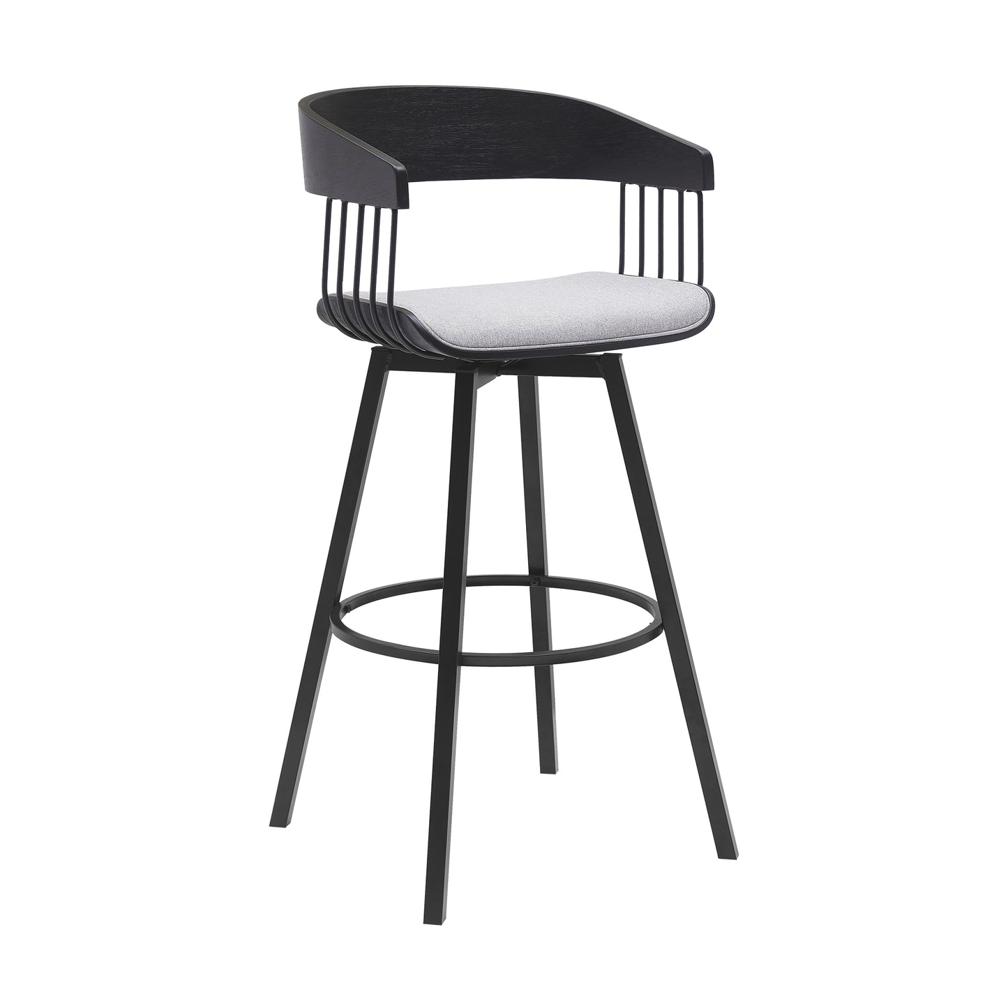 Athena 31" Swivel Black Wood Bar Stool in Light Gray Fabric with Black Metal By Armen Living | Bar Stools | Modishstore - 2