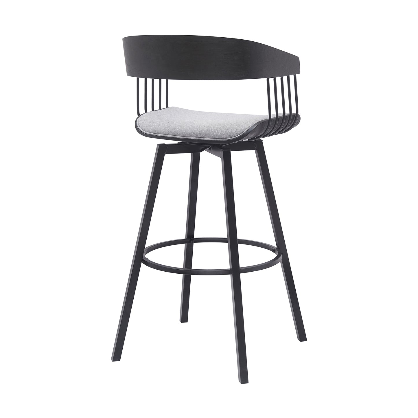 Athena 31" Swivel Black Wood Bar Stool in Light Gray Fabric with Black Metal By Armen Living | Bar Stools | Modishstore - 4