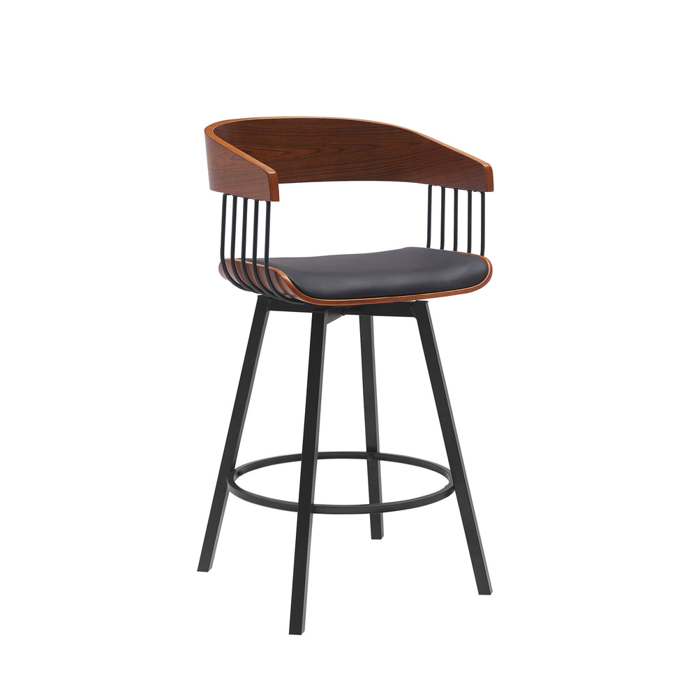 Athena 27" Swivel Walnut Wood Counter Stool in Black Faux Leather with Black Metal By Armen Living | Bar Stools | Modishstore - 2