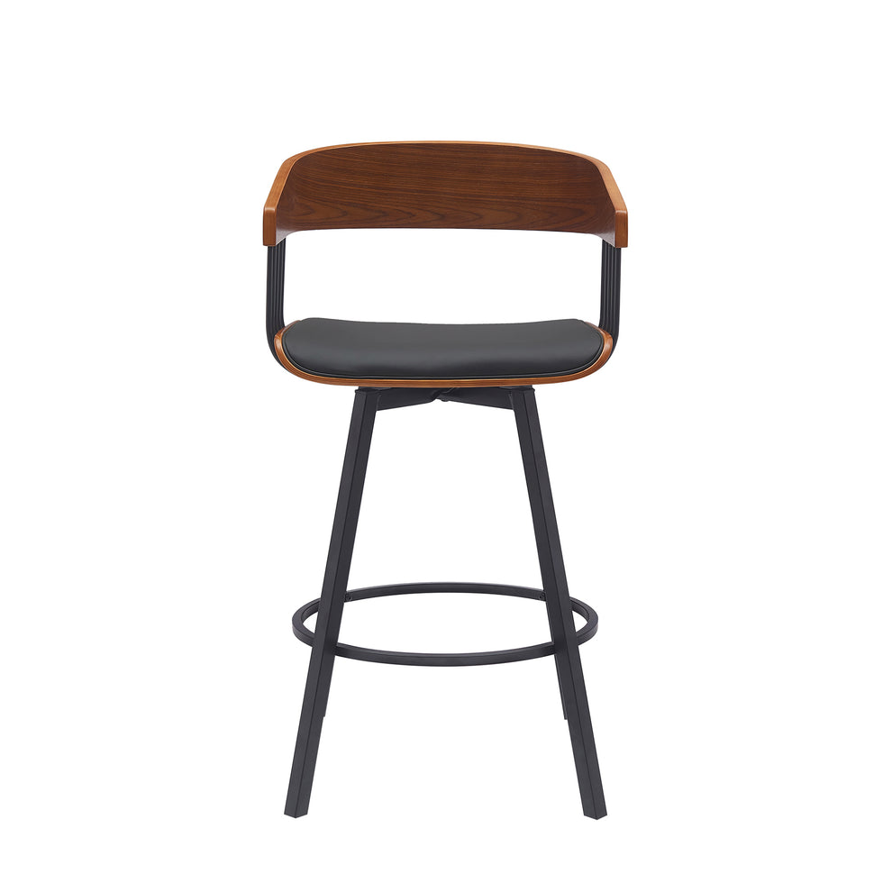 Athena 27" Swivel Walnut Wood Counter Stool in Black Faux Leather with Black Metal By Armen Living | Bar Stools | Modishstore - 3