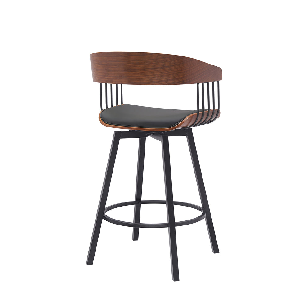Athena 27" Swivel Walnut Wood Counter Stool in Black Faux Leather with Black Metal By Armen Living | Bar Stools | Modishstore - 4