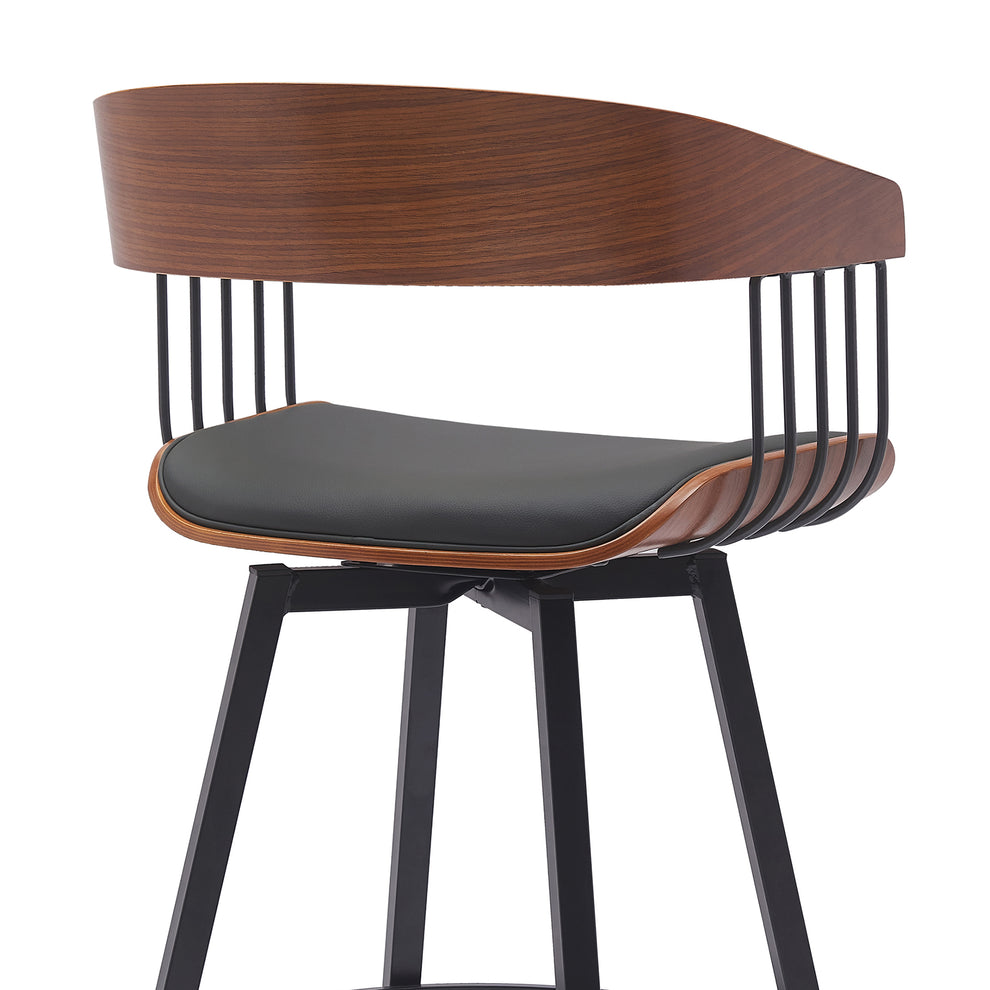 Athena 27" Swivel Walnut Wood Counter Stool in Black Faux Leather with Black Metal By Armen Living | Bar Stools | Modishstore - 5