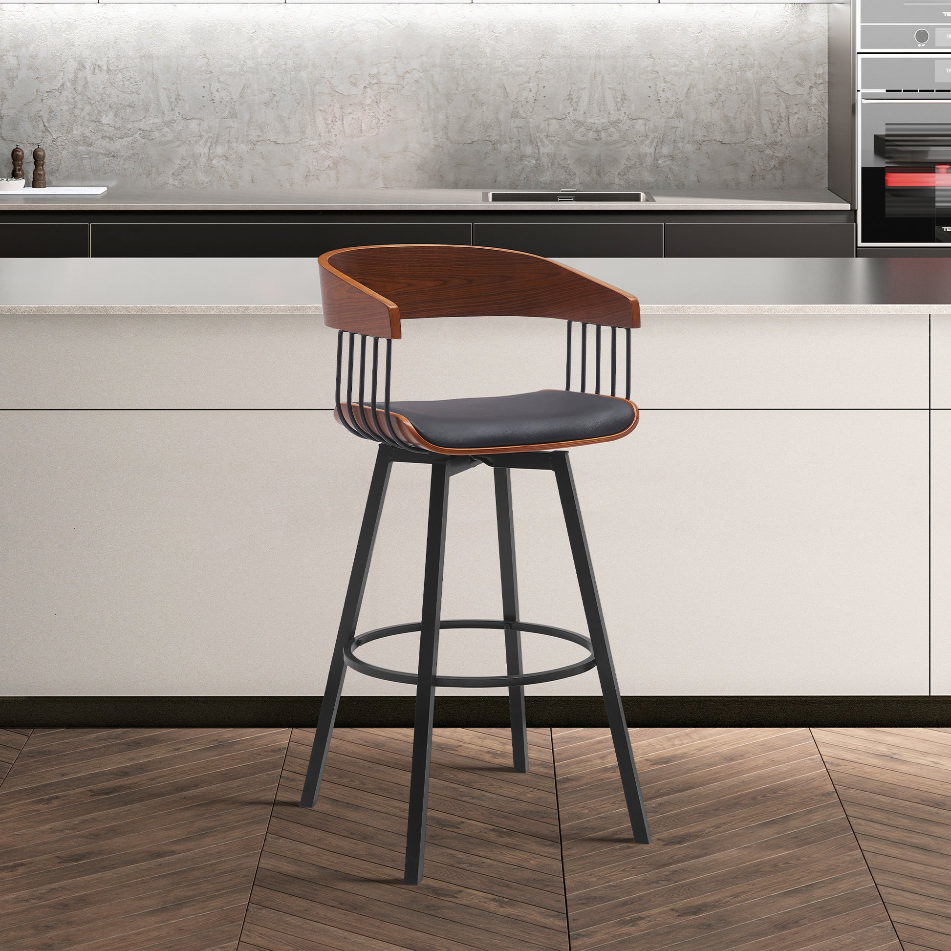Athena 27" Swivel Walnut Wood Counter Stool in Black Faux Leather with Black Metal By Armen Living | Bar Stools | Modishstore