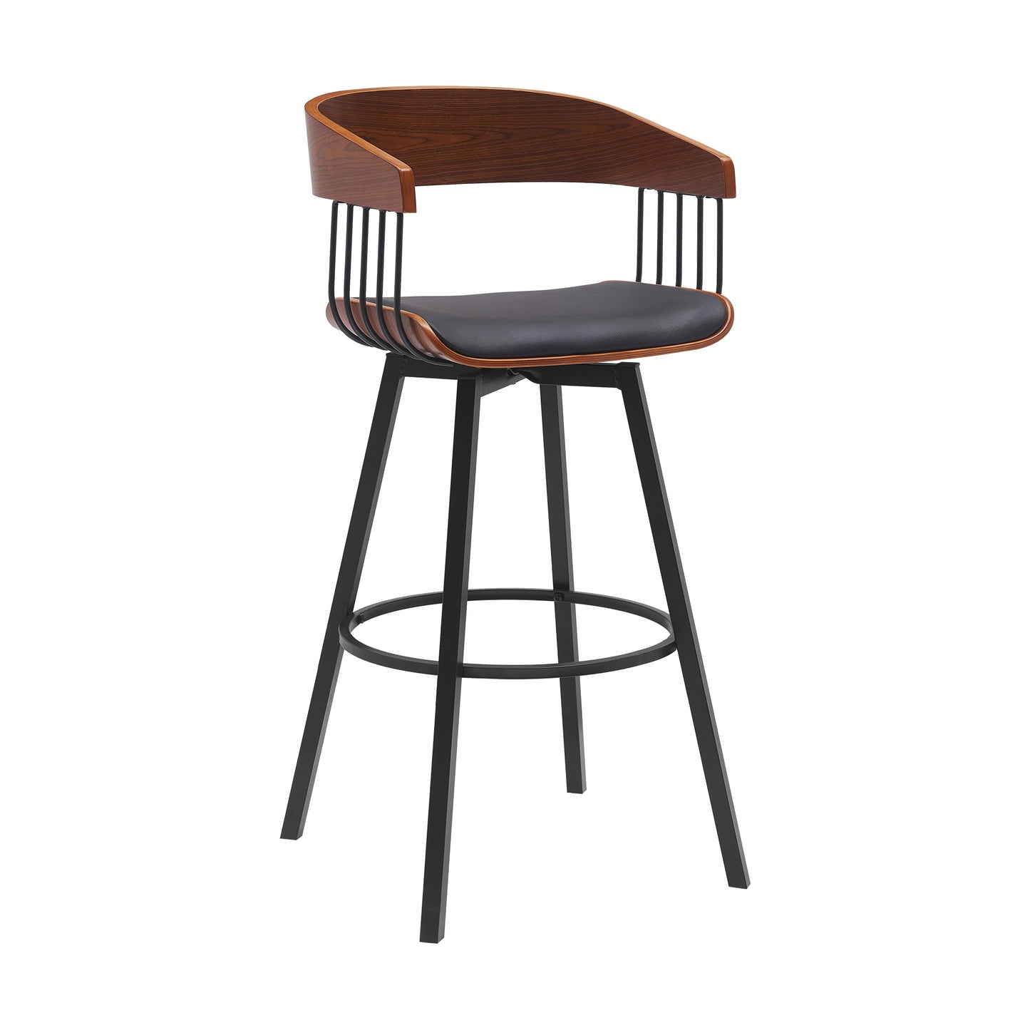 Athena 31" Swivel Walnut Wood Bar Stool in Black Faux Leather with Black Metal By Armen Living | Bar Stools | Modishstore - 2