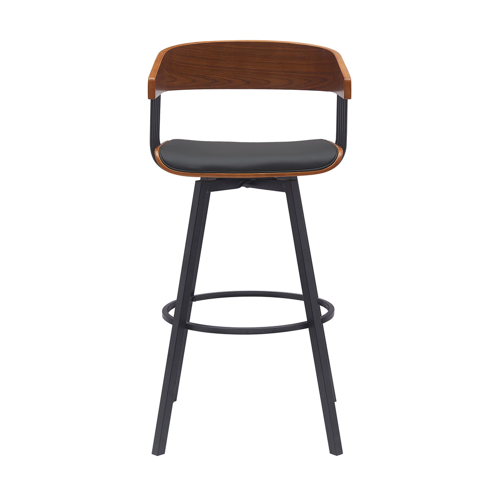 Athena 31" Swivel Walnut Wood Bar Stool in Black Faux Leather with Black Metal By Armen Living | Bar Stools | Modishstore - 3