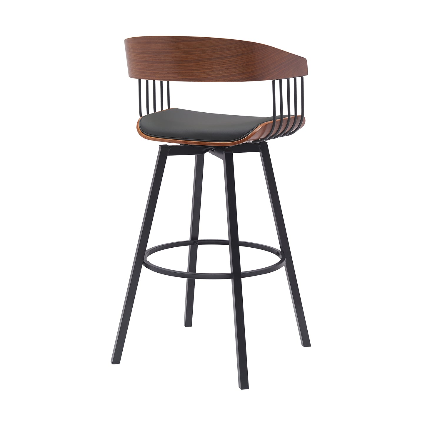 Athena 31" Swivel Walnut Wood Bar Stool in Black Faux Leather with Black Metal By Armen Living | Bar Stools | Modishstore - 4