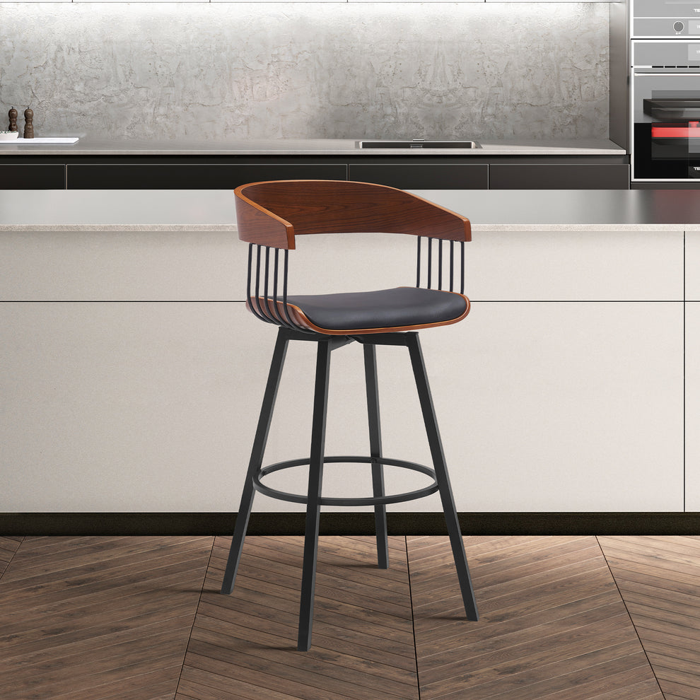 Athena 31" Swivel Walnut Wood Bar Stool in Black Faux Leather with Black Metal By Armen Living | Bar Stools | Modishstore