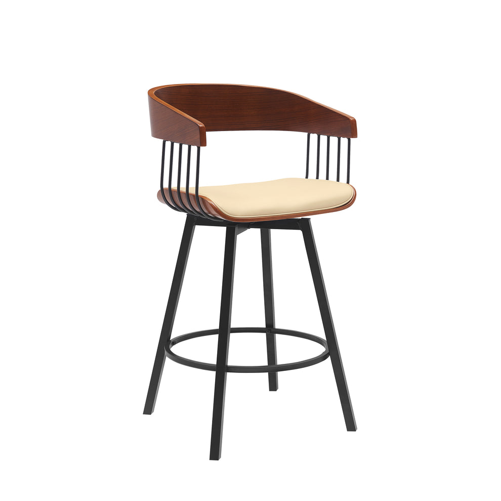 Athena 27" Swivel Walnut Wood Counter Stool in Black Faux Leather with Black Metal By Armen Living | Bar Stools | Modishstore - 10