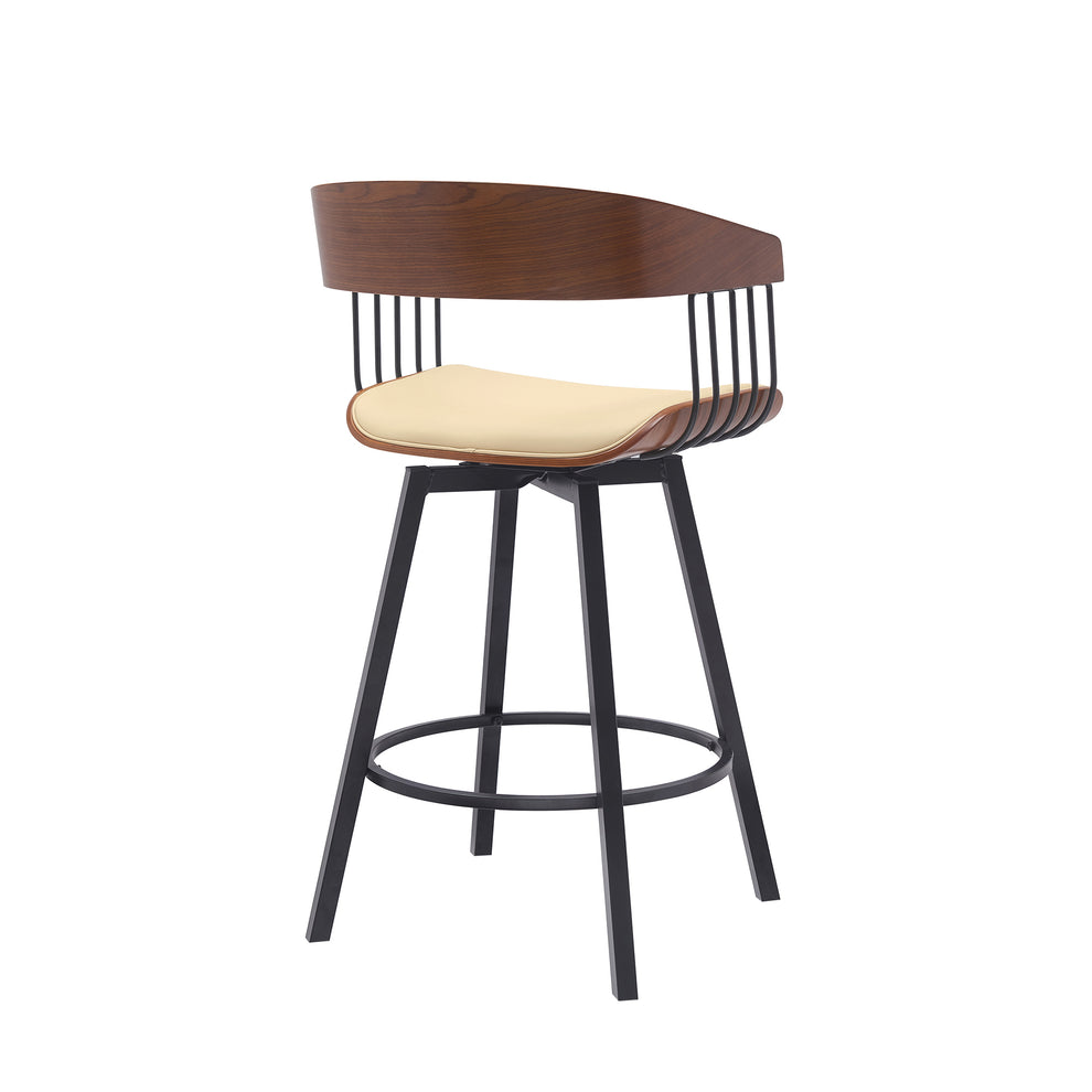 Athena 27" Swivel Walnut Wood Counter Stool in Black Faux Leather with Black Metal By Armen Living | Bar Stools | Modishstore - 12