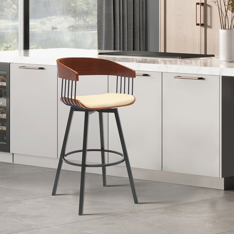 Athena 27" Swivel Walnut Wood Counter Stool in Black Faux Leather with Black Metal By Armen Living | Bar Stools | Modishstore - 9