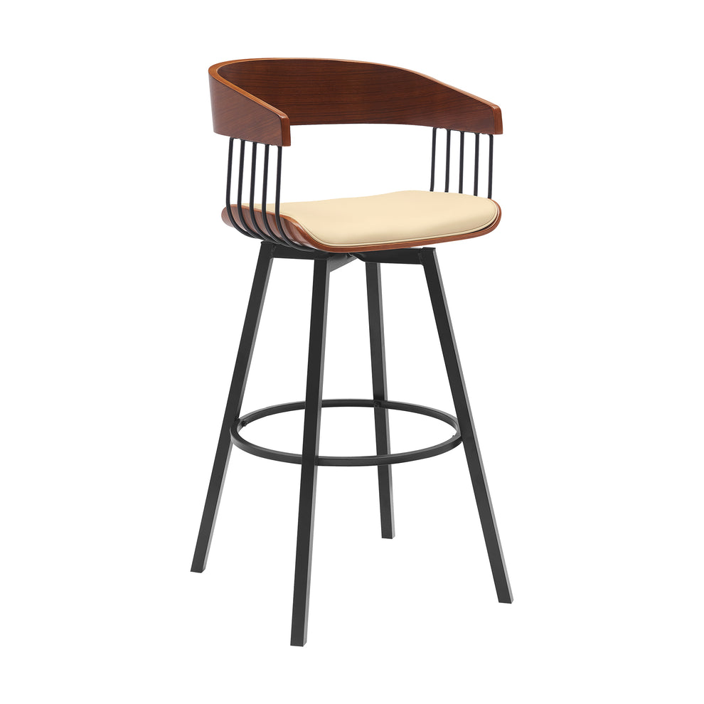 Athena 31" Swivel Walnut Wood Bar Stool in Black Faux Leather with Black Metal By Armen Living | Bar Stools | Modishstore - 10