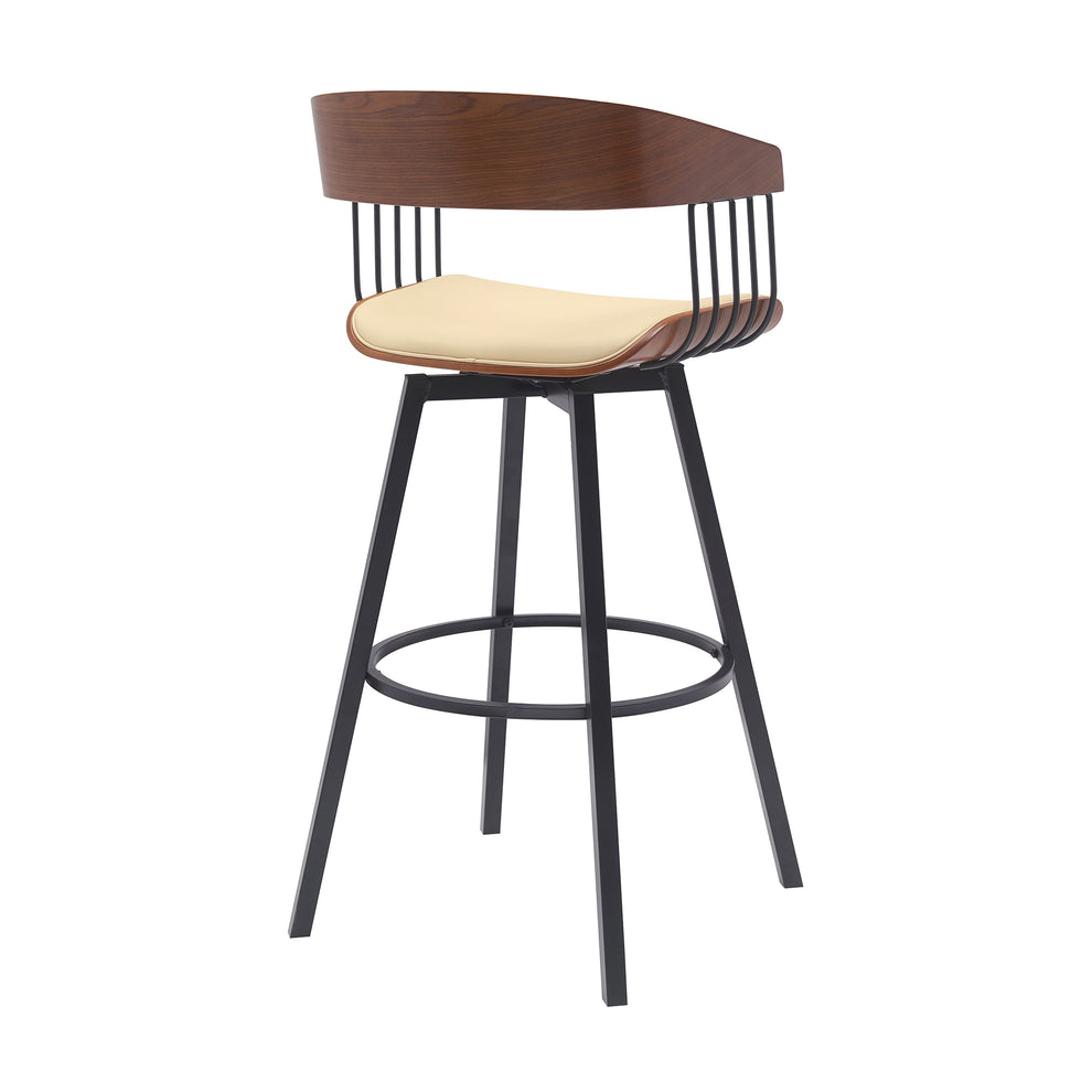 Athena 31" Swivel Walnut Wood Bar Stool in Black Faux Leather with Black Metal By Armen Living | Bar Stools | Modishstore - 12