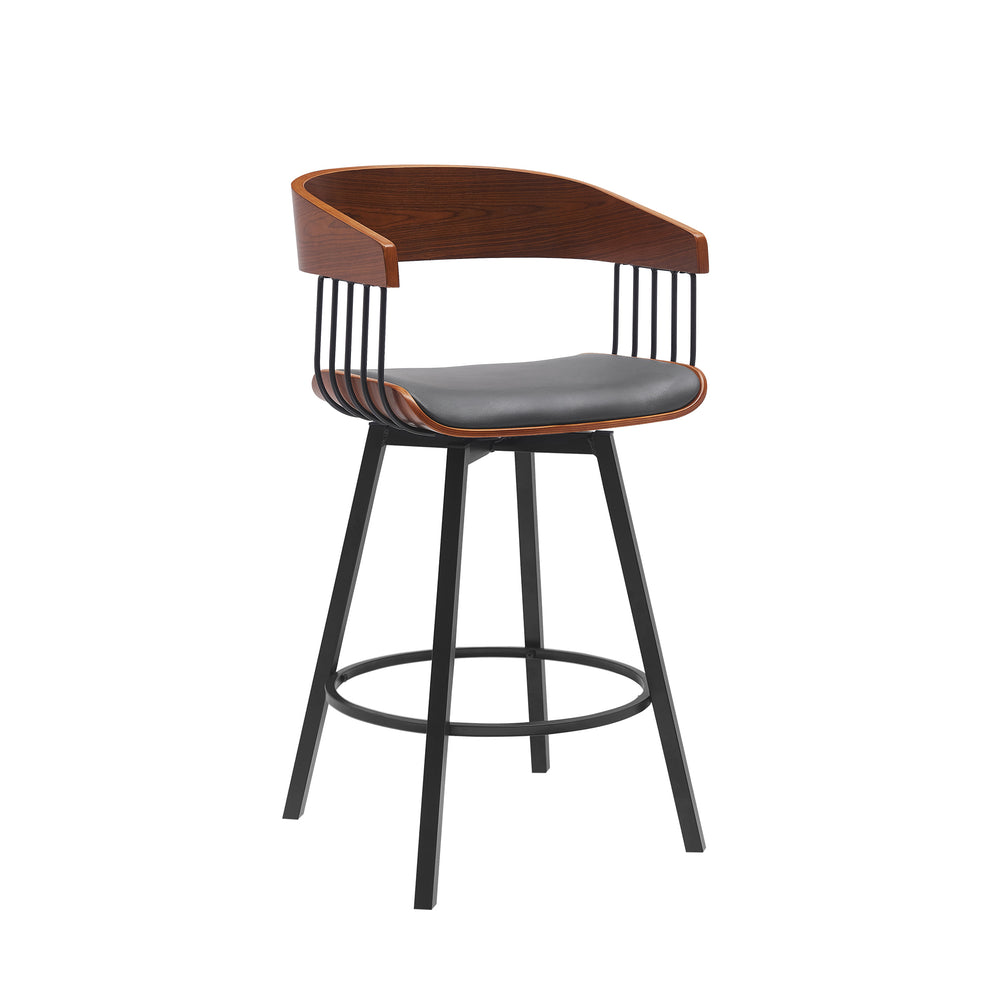 Athena 27" Swivel Walnut Wood Counter Stool in Black Faux Leather with Black Metal By Armen Living | Bar Stools | Modishstore - 18