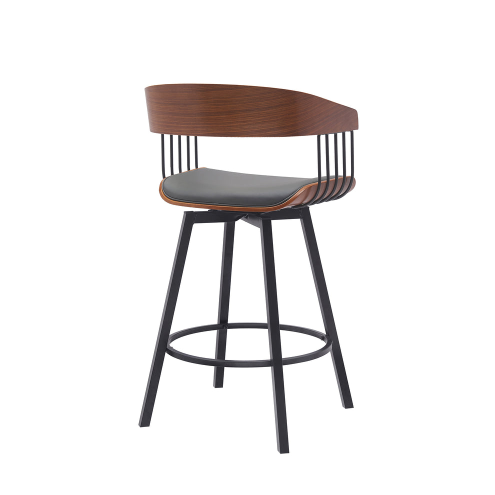Athena 27" Swivel Walnut Wood Counter Stool in Black Faux Leather with Black Metal By Armen Living | Bar Stools | Modishstore - 20