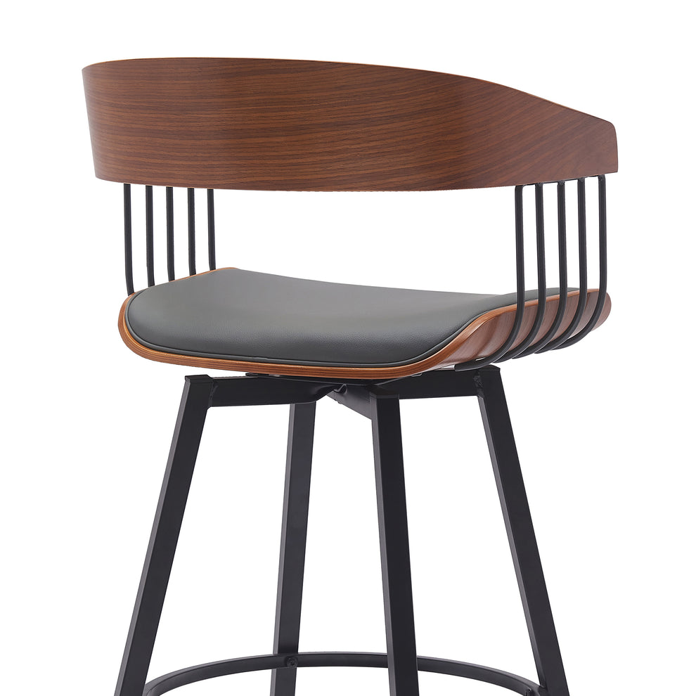 Athena 27" Swivel Walnut Wood Counter Stool in Black Faux Leather with Black Metal By Armen Living | Bar Stools | Modishstore - 21