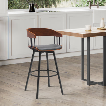 Athena 27" Swivel Walnut Wood Counter Stool in Black Faux Leather with Black Metal By Armen Living | Bar Stools | Modishstore - 17