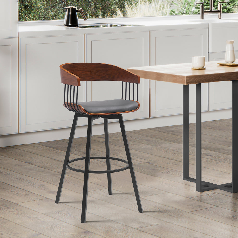 Athena 27" Swivel Walnut Wood Counter Stool in Black Faux Leather with Black Metal By Armen Living | Bar Stools | Modishstore - 17