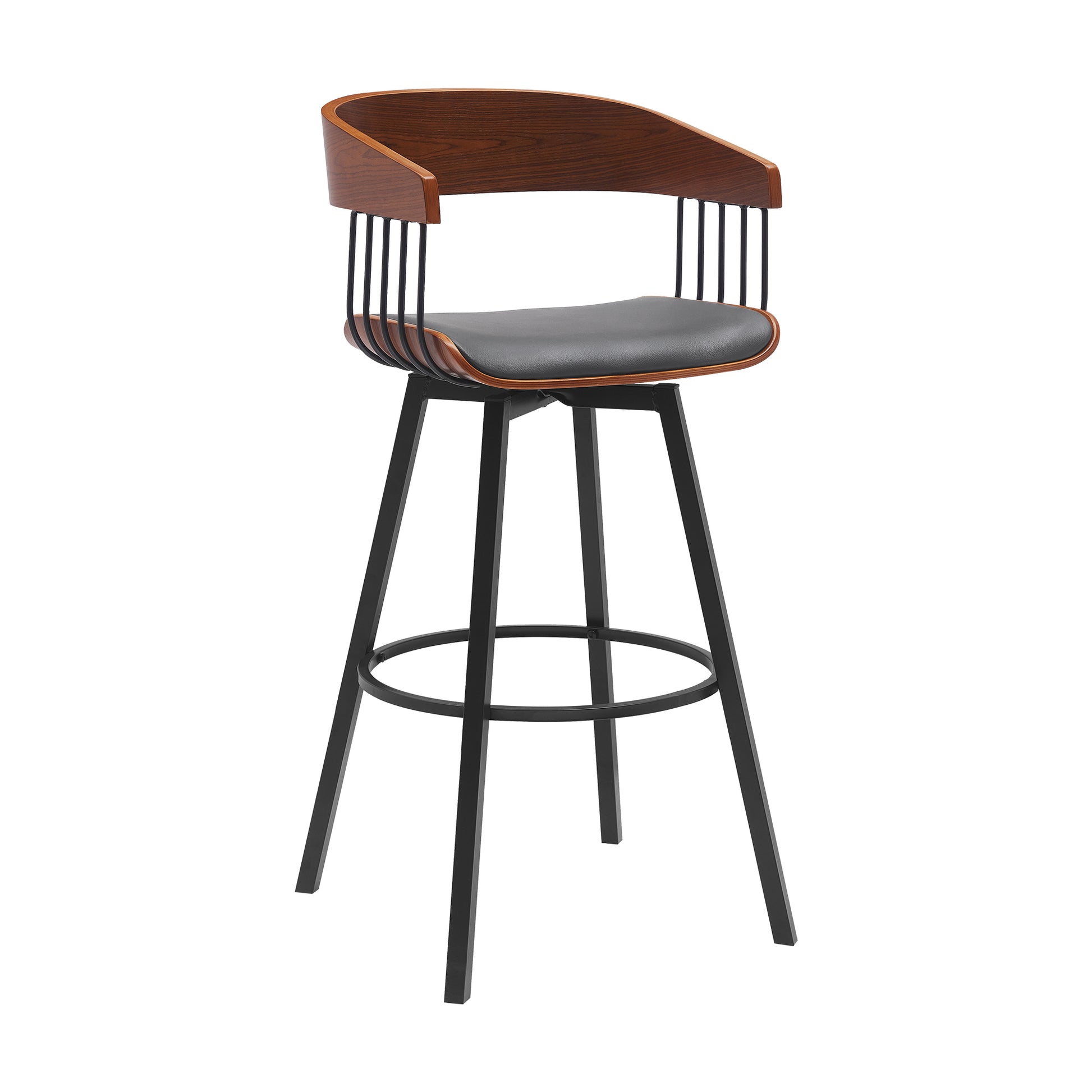Athena 31" Swivel Walnut Wood Bar Stool in Black Faux Leather with Black Metal By Armen Living | Bar Stools | Modishstore - 18