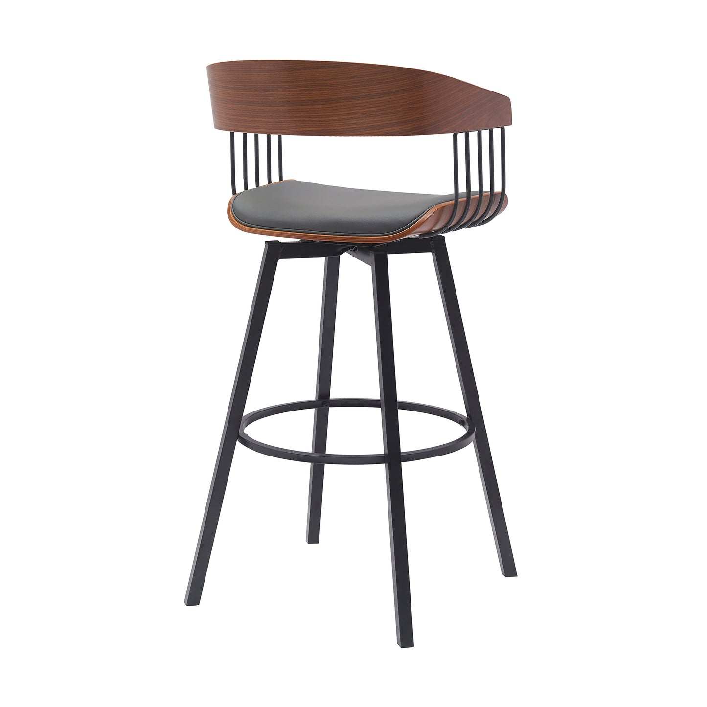Athena 31" Swivel Walnut Wood Bar Stool in Black Faux Leather with Black Metal By Armen Living | Bar Stools | Modishstore - 20