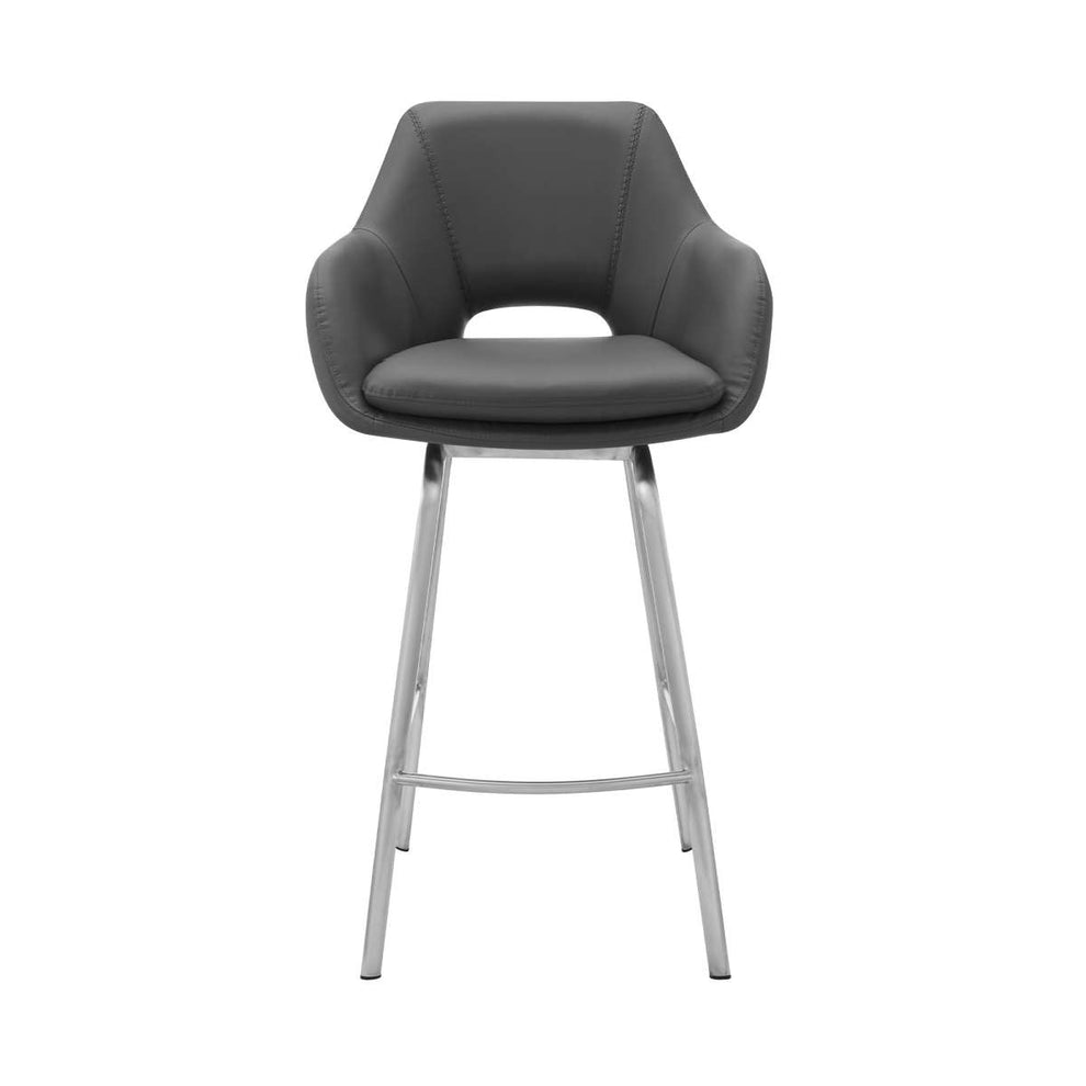 Aura Gray Faux Leather and Brushed Stainless Steel Swivel 30" Bar Stool By Armen Living | Bar Stools | Modishstore - 2