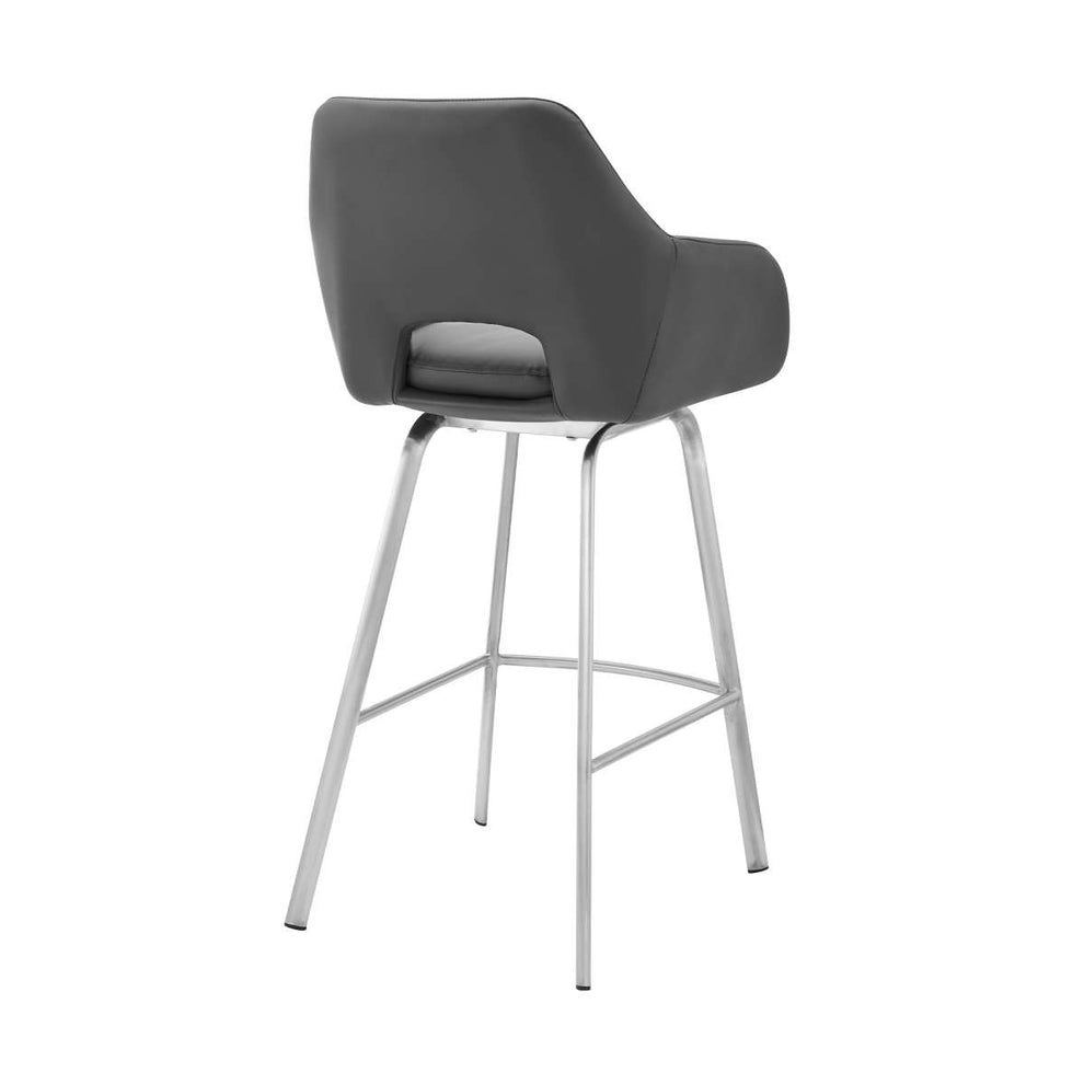 Aura Gray Faux Leather and Brushed Stainless Steel Swivel 30" Bar Stool By Armen Living | Bar Stools | Modishstore - 3