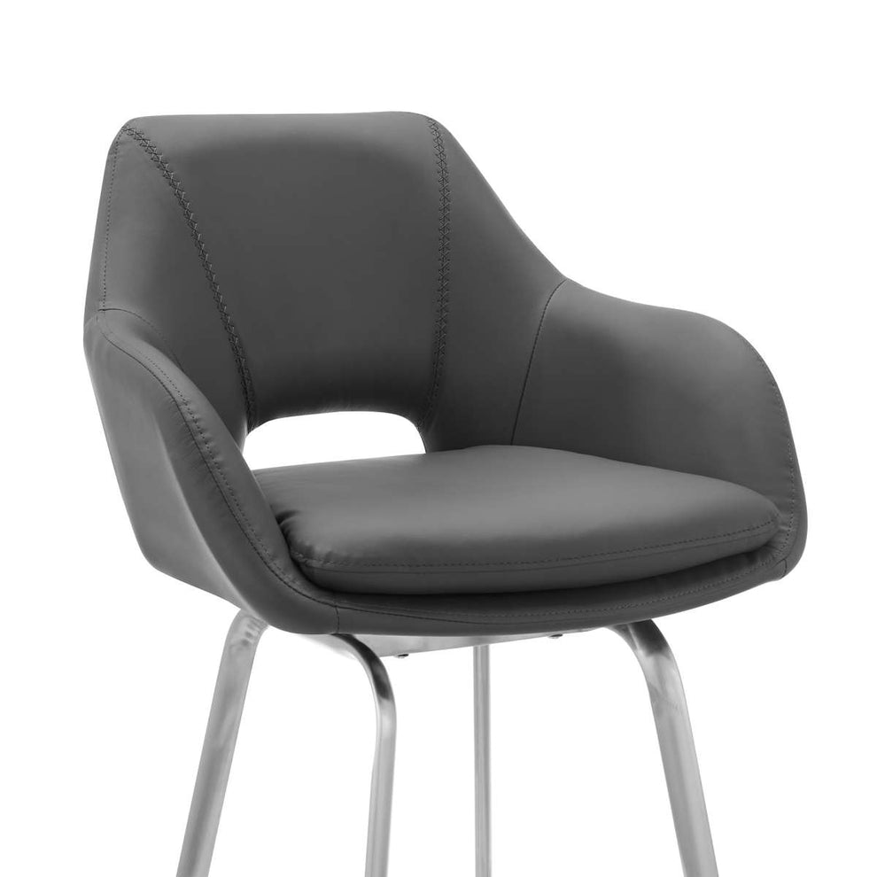 Aura Gray Faux Leather and Brushed Stainless Steel Swivel 30" Bar Stool By Armen Living | Bar Stools | Modishstore - 5