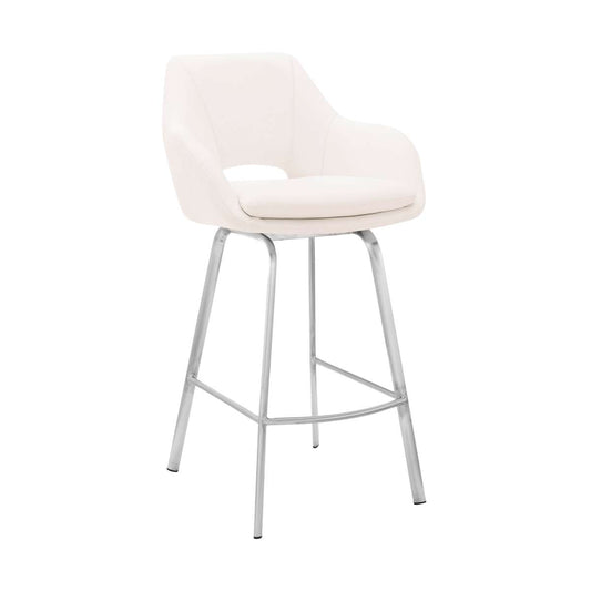 Aura White Faux Leather and Brushed Stainless Steel Swivel 26" Counter Stool By Armen Living | Bar Stools | Modishstore