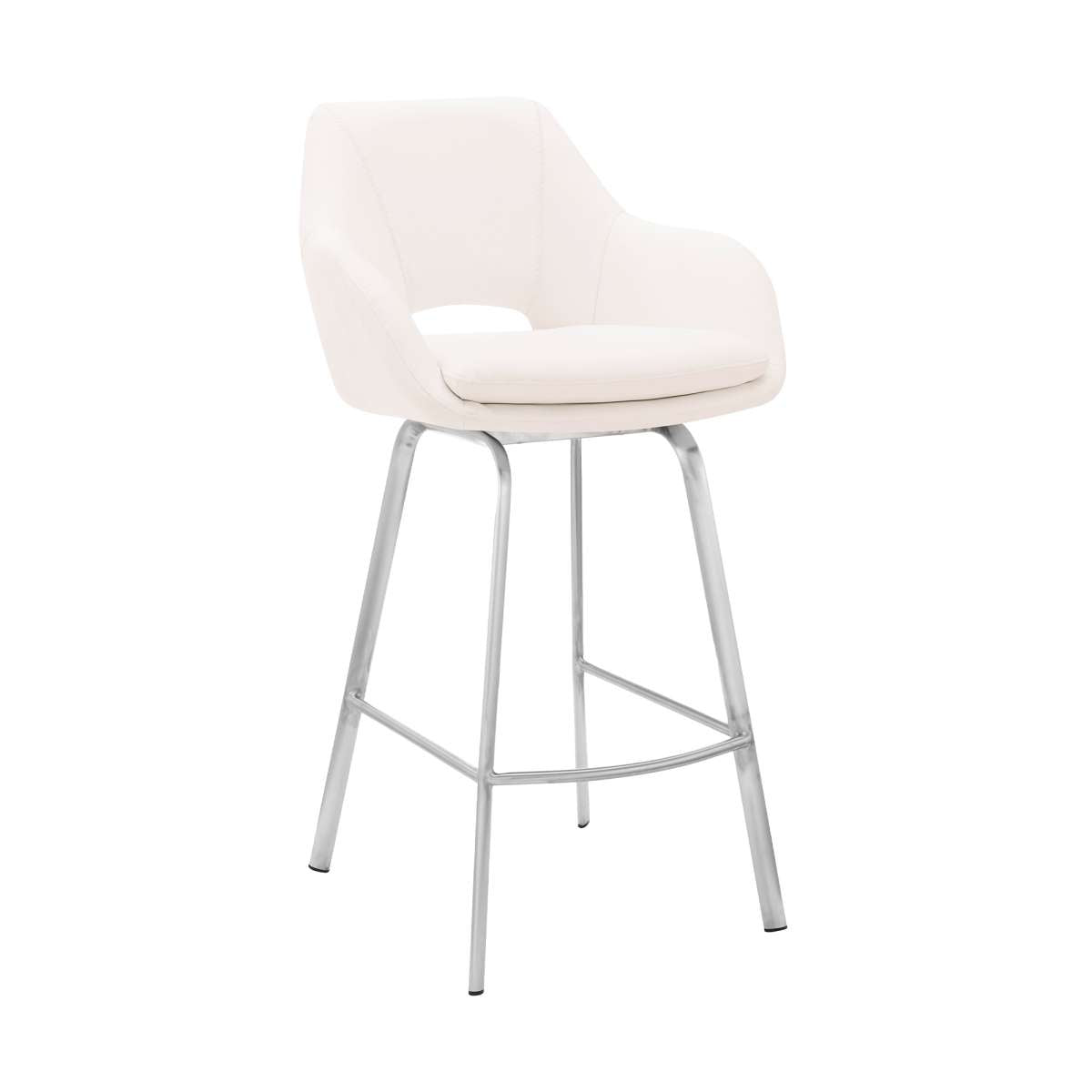 Aura White Faux Leather and Brushed Stainless Steel Swivel 30" Bar Stool By Armen Living | Bar Stools | Modishstore